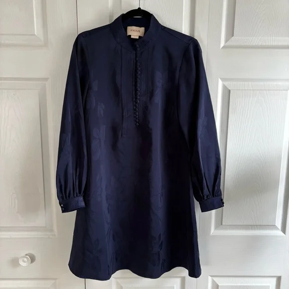 Figue Izzie Floral Jacquard Mini dress Long Sleeve S‎ Festive Preppy Career Blue - Picture 2 of 10